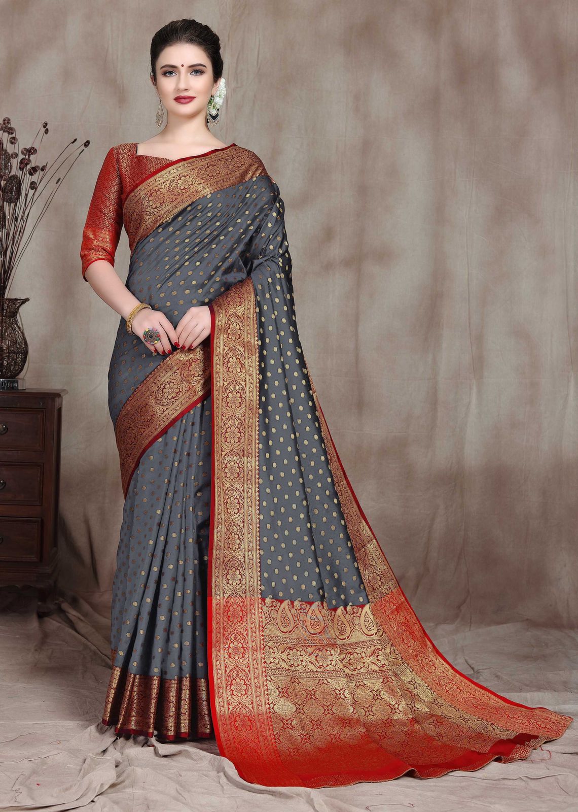 Grey Lichi Silk Sarees