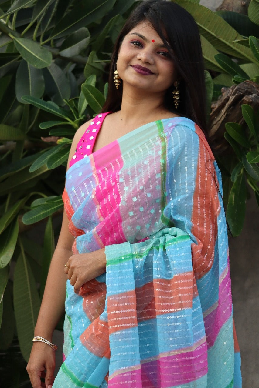 Georgette Saree with diamond and mirror work