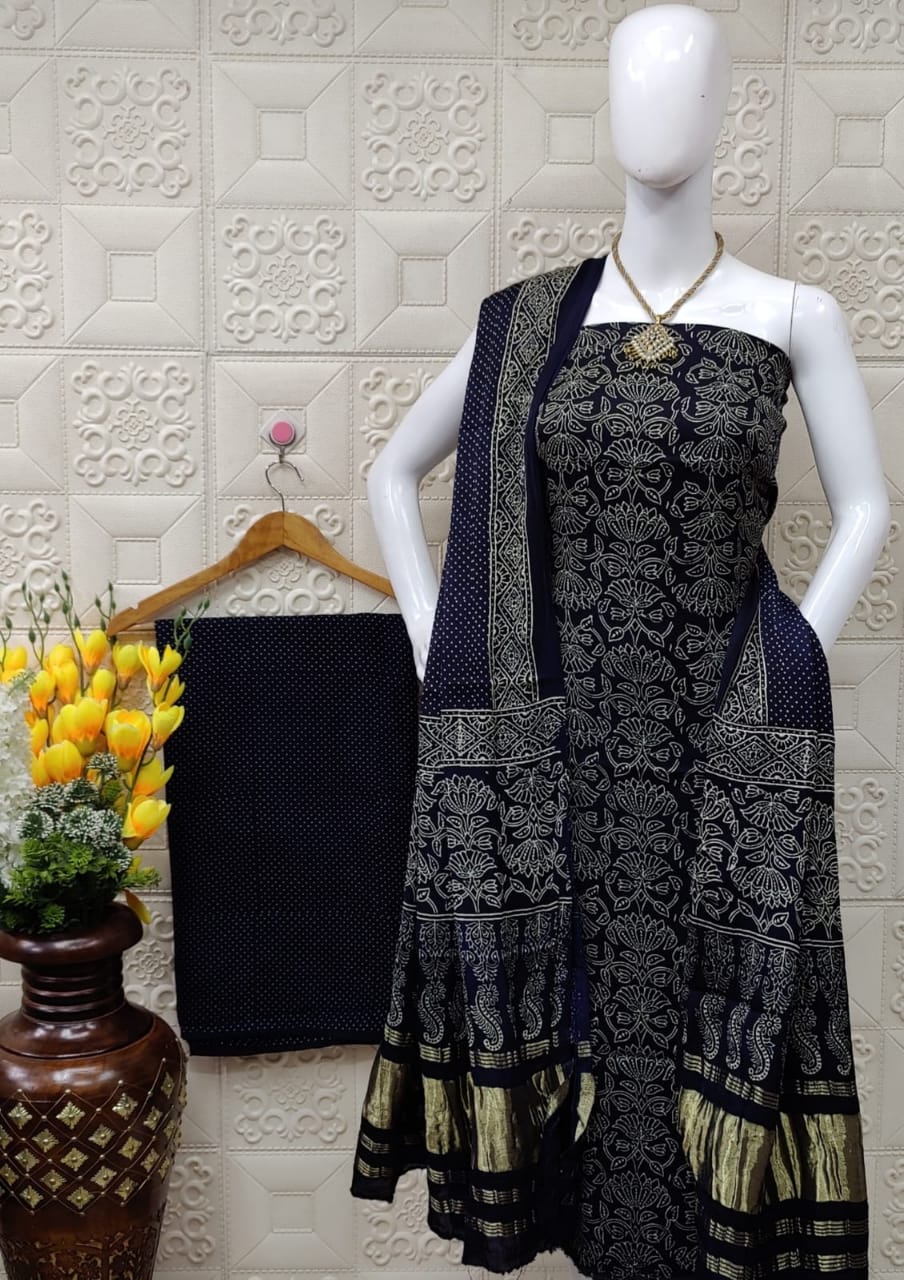 Ajrakh hand printed Modal Gajji Silk Suit Materials