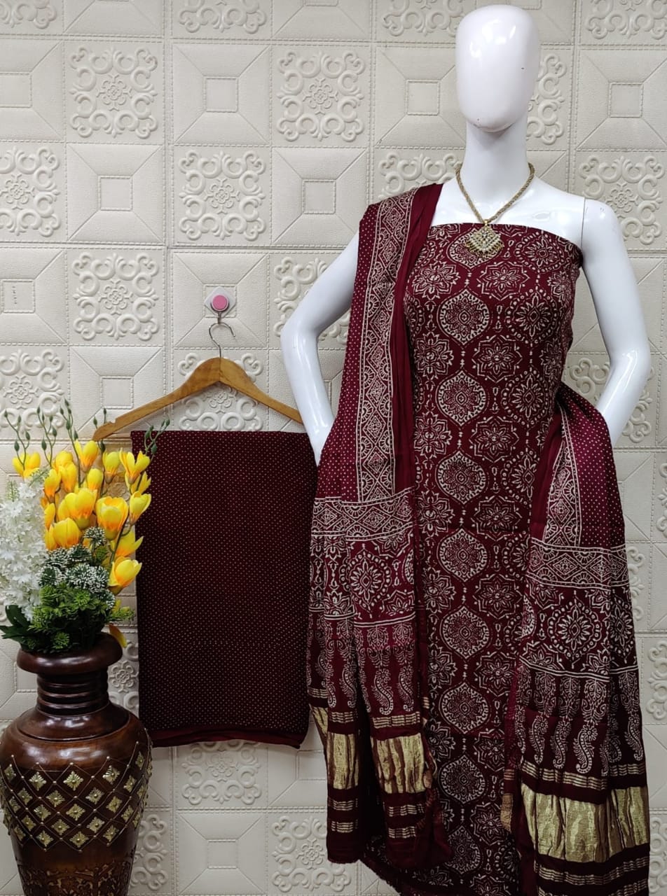 Ajrakh hand printed Modal Gajji Silk Suit Materials