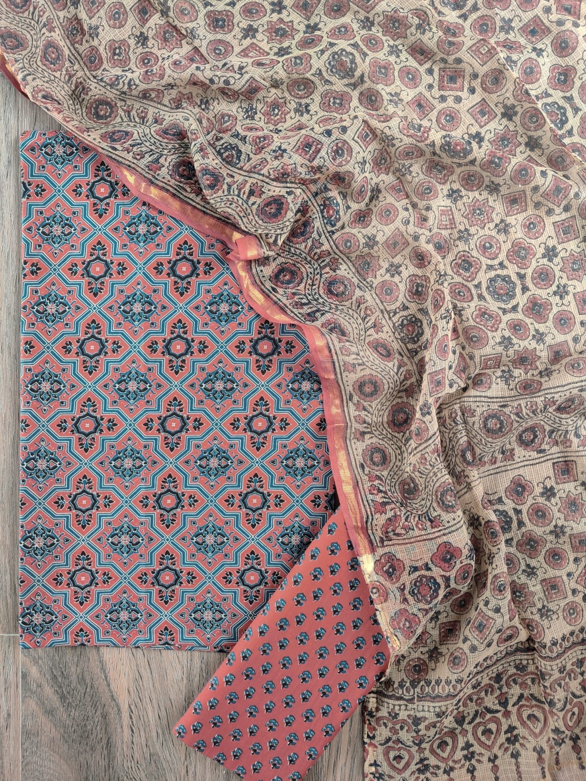Ajrakh printed cotton suits with pure cotton kota doria dupatta