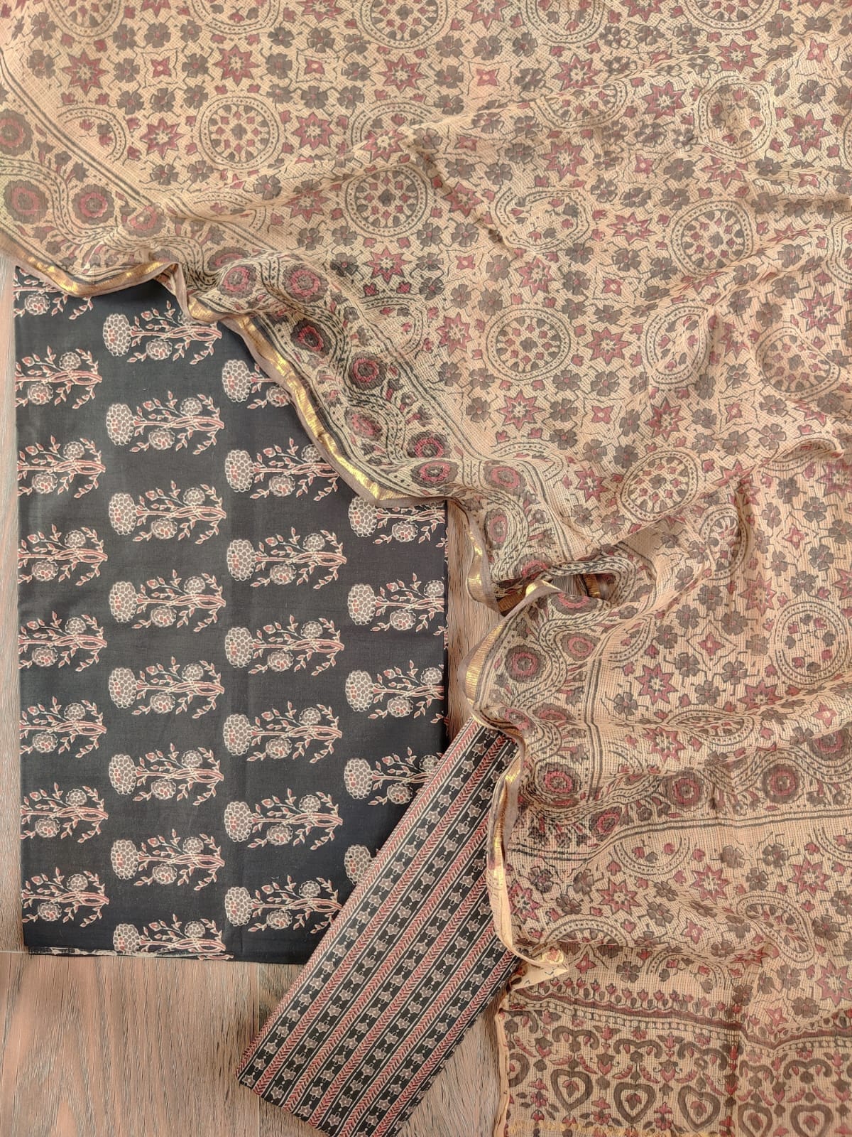 Ajrakh printed cotton suits with pure cotton kota doria dupatta