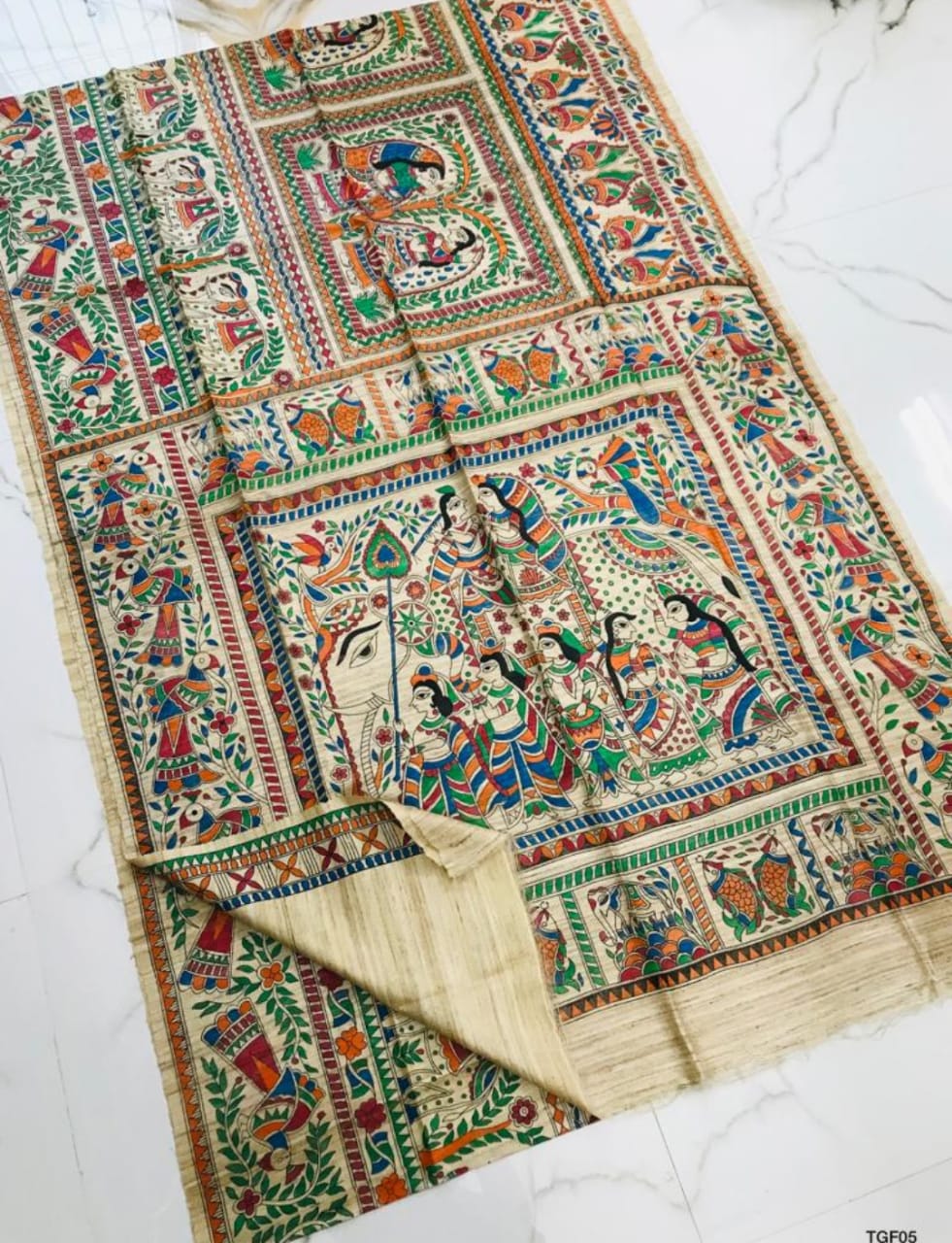 Handloom pure tussar gicha all over madhubani hand painted silk saree