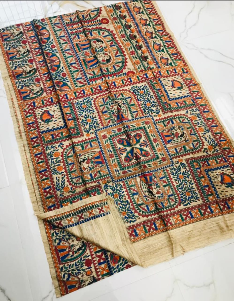 Handloom pure tussar gicha all over madhubani hand painted silk saree