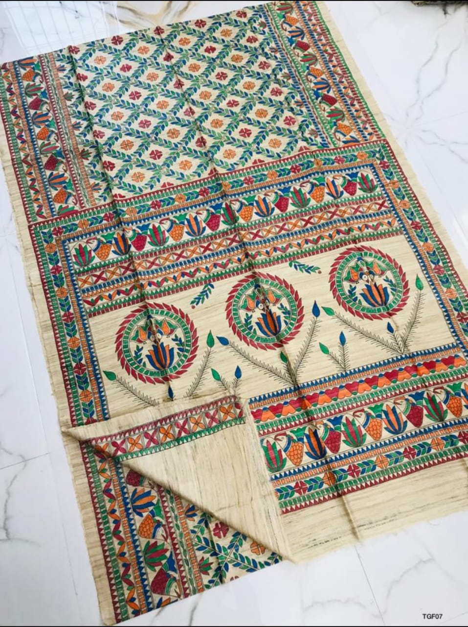 Handloom pure tussar gicha all over madhubani hand painted silk saree