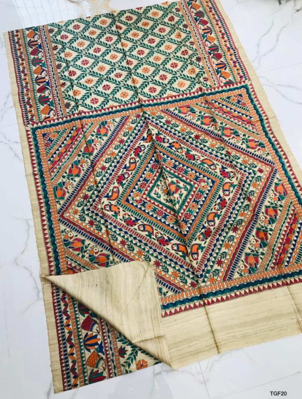 Handloom pure tussar gicha all over madhubani hand painted silk saree