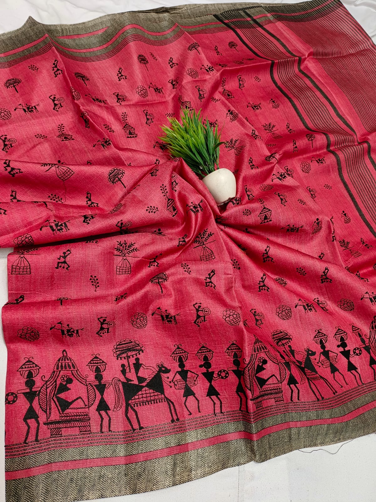 Embroidered semi tussar silk saree with tribal figure art