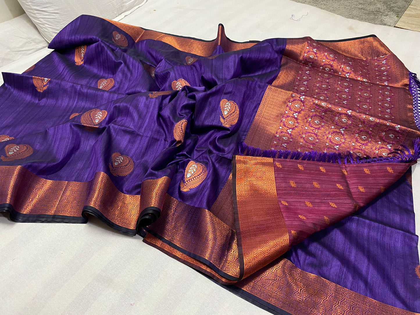 Poly raw silk saree with copper butta pallu