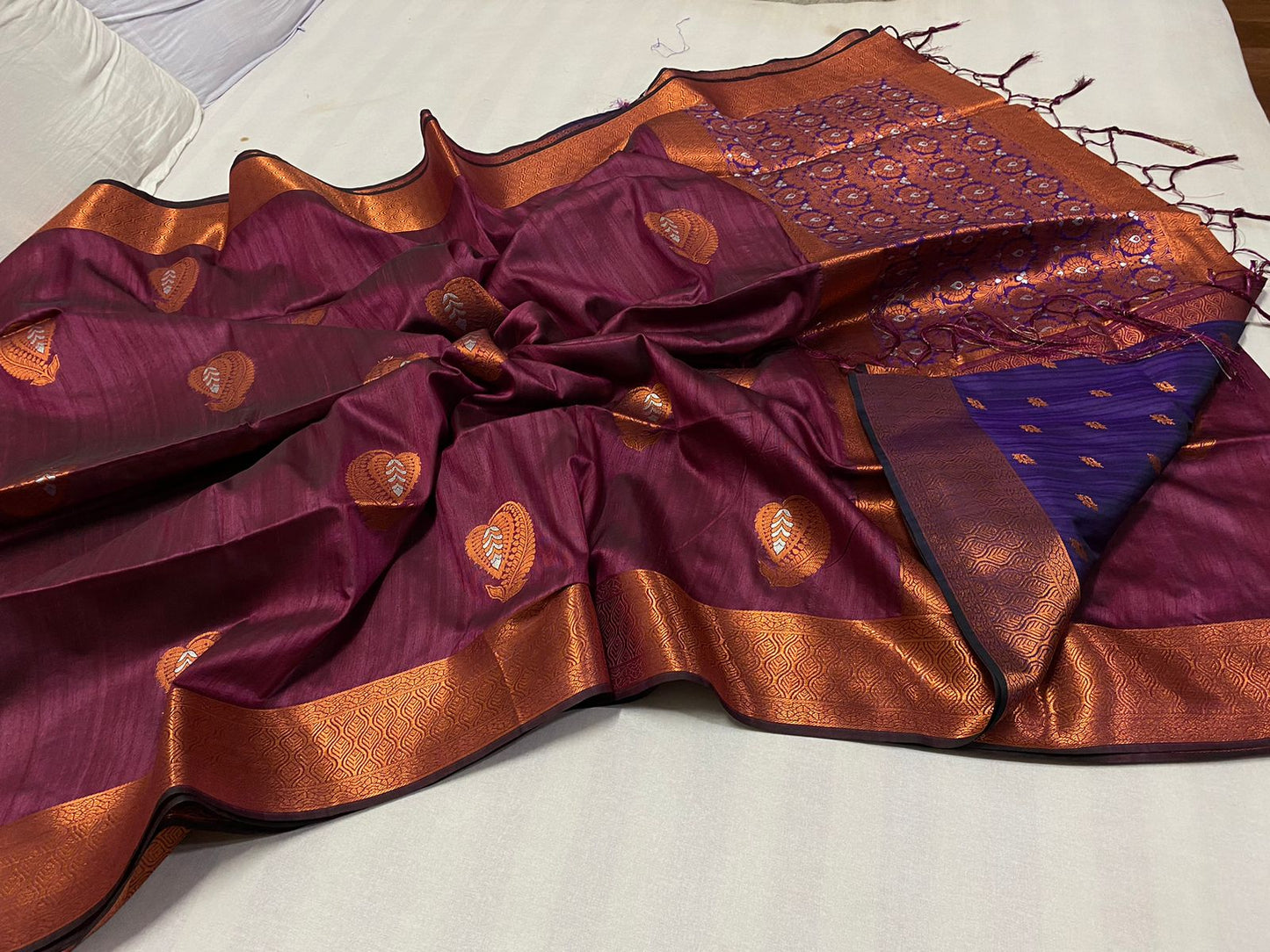 Poly raw silk saree with copper butta pallu