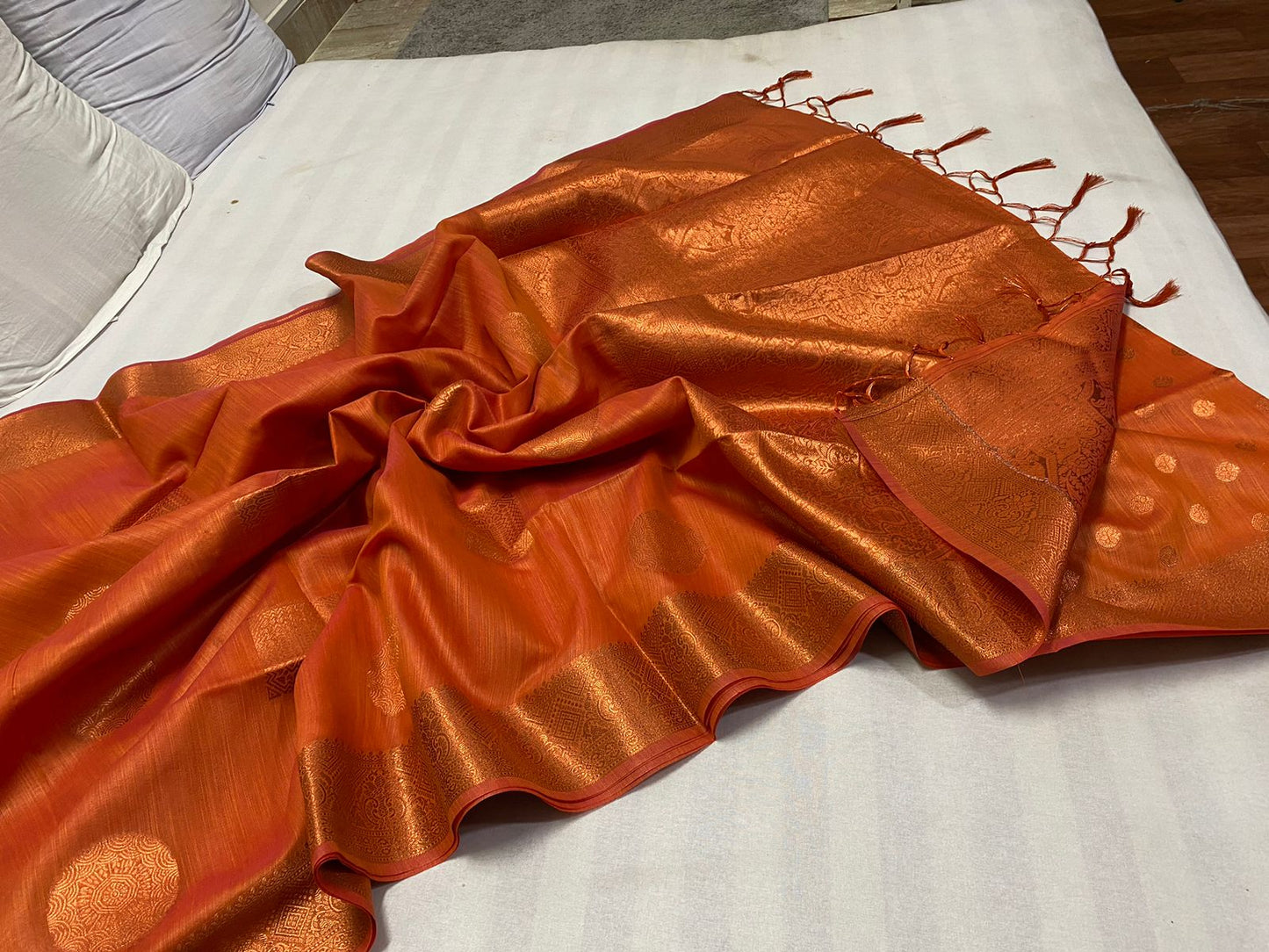 Poly raw silk saree with copper butta pallu