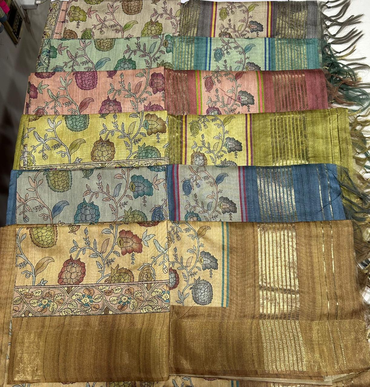 Kalamkari printed champa tussar saree with zari border
