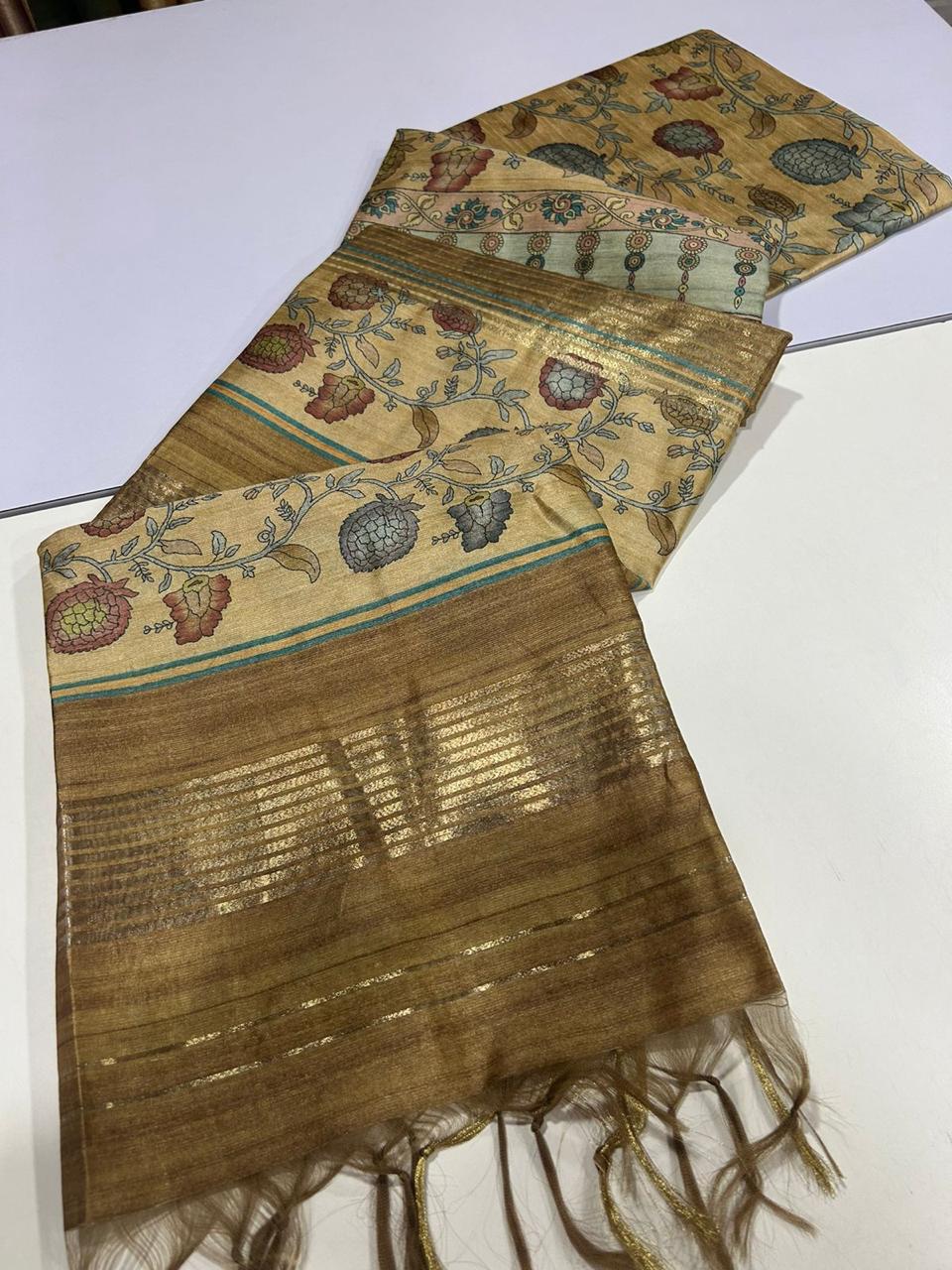 Kalamkari printed champa tussar saree with zari border