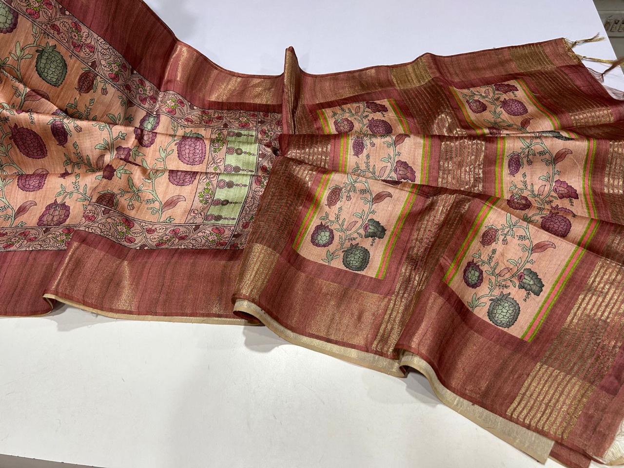 Kalamkari printed champa tussar saree with zari border