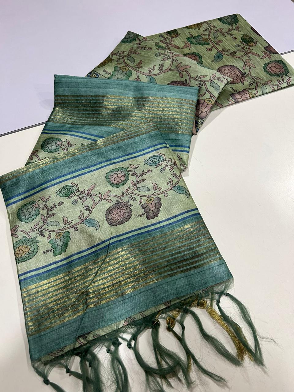 Kalamkari printed champa tussar saree with zari border