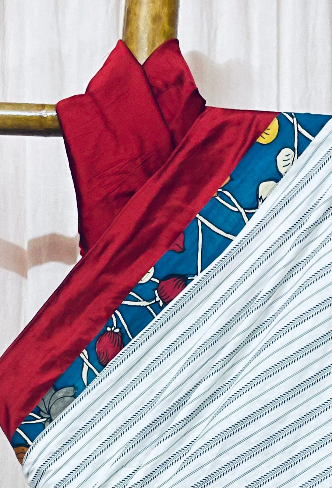 Weaved black and white saree in pen Kalamkari