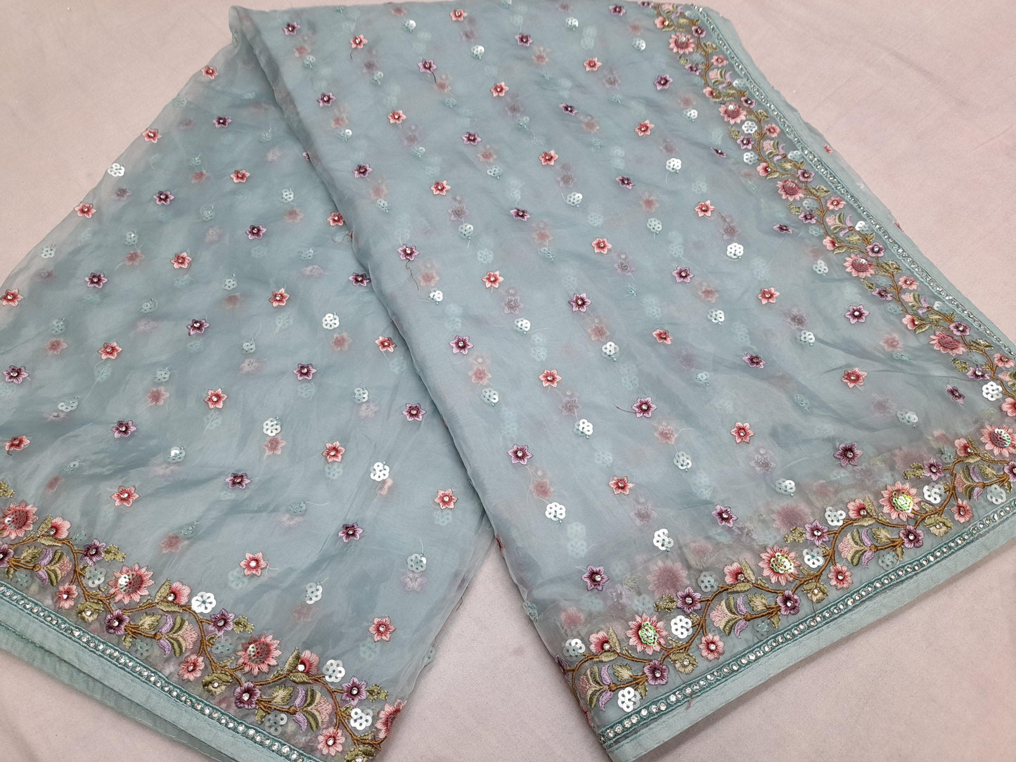 Organza saree with all over multi sequence and parsi buti with Jarkan Stone