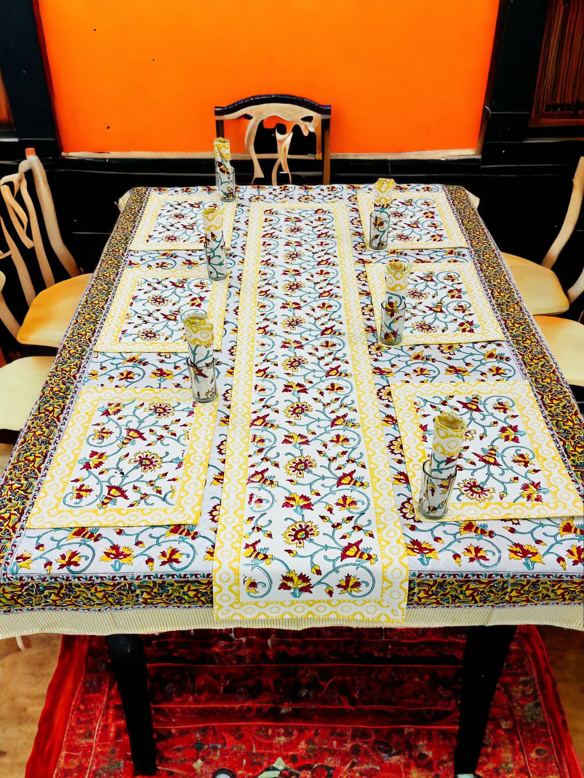 Hand block printed Table mat set with matching runner and Table cover
