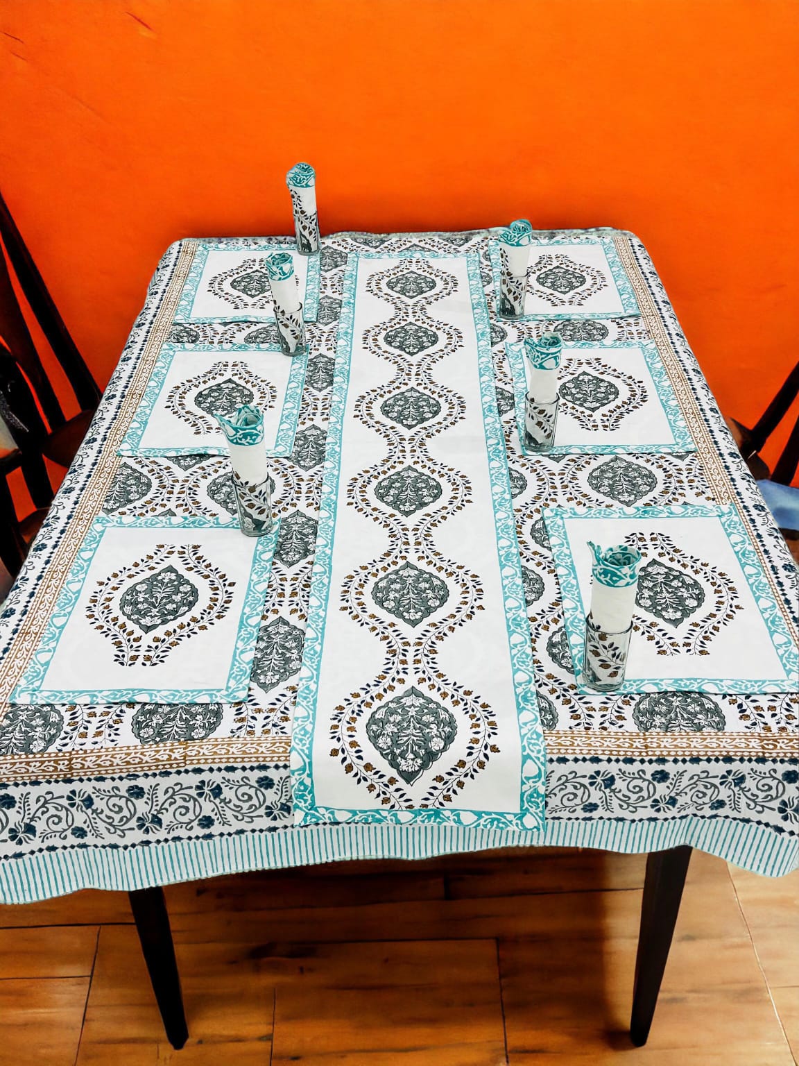 Hand block printed Table mat set with matching runner and Table cover