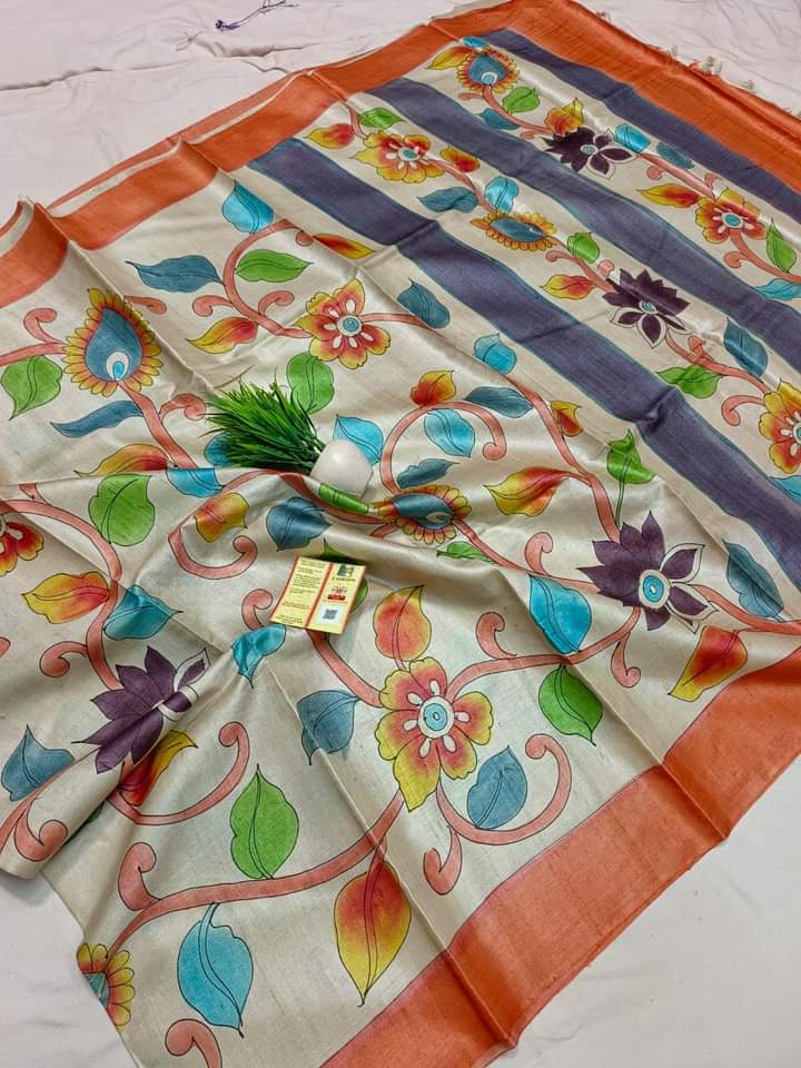 Zari Tussar hand printed Kalamkari saree