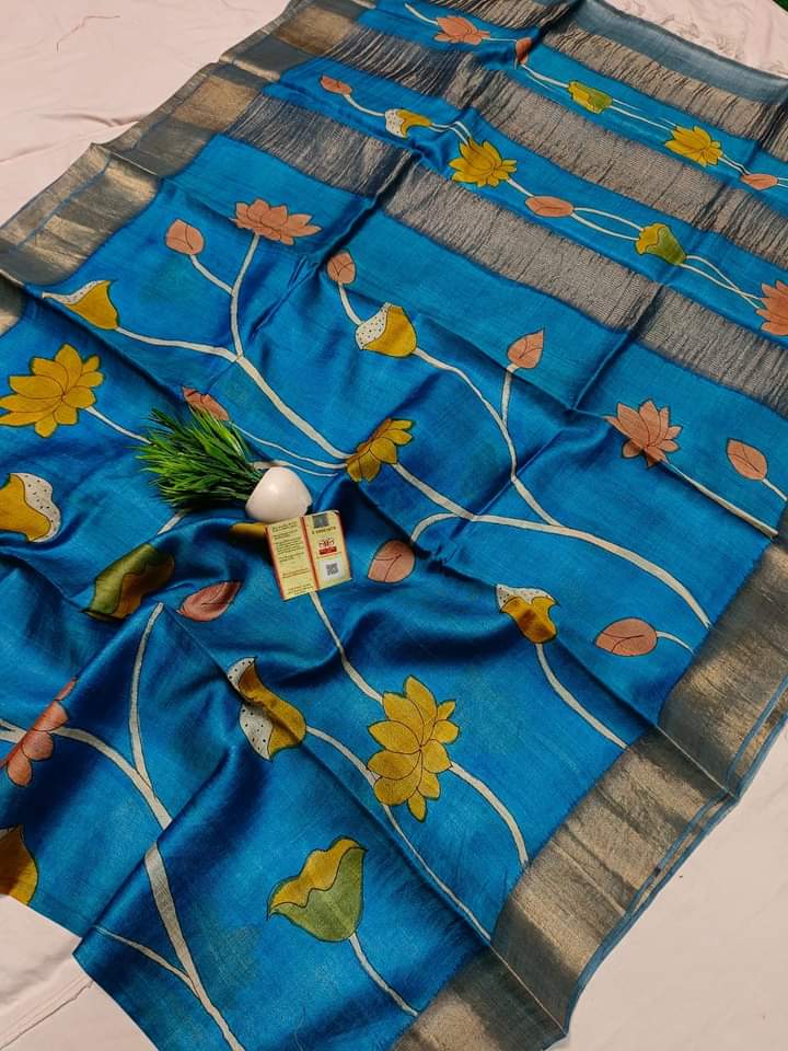 Zari Tussar hand printed Kalamkari saree