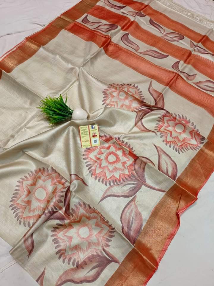 Zari Tussar hand printed Kalamkari saree