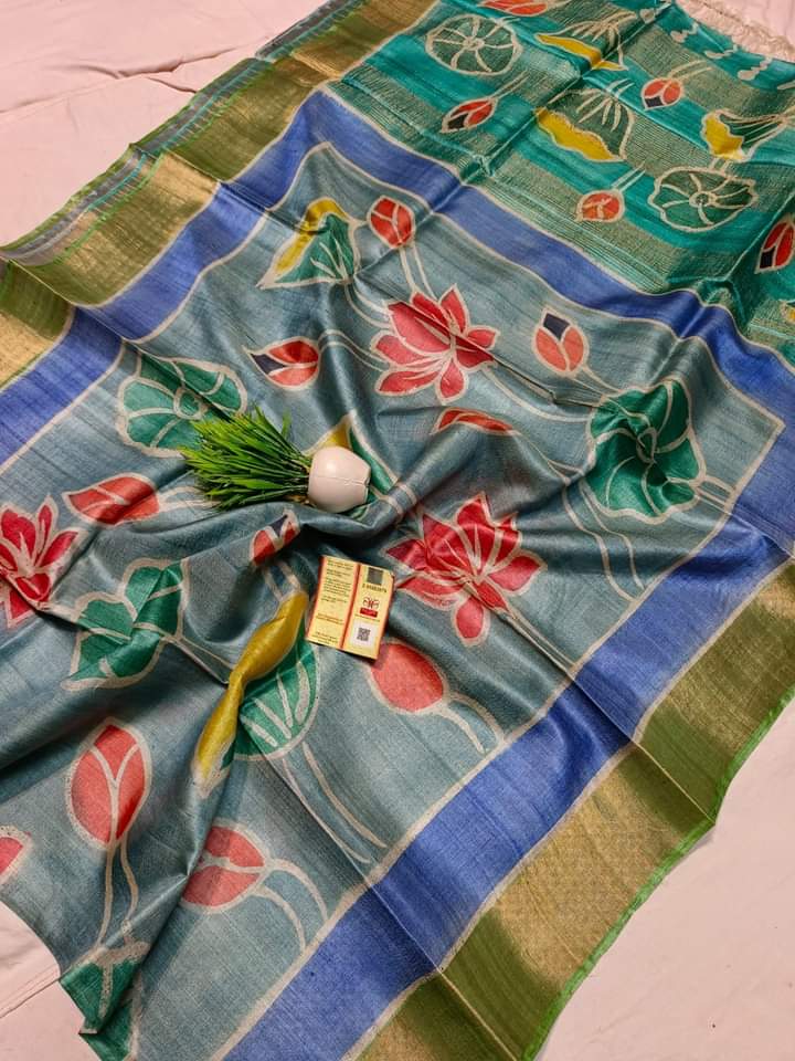 Zari Tussar hand printed Kalamkari saree