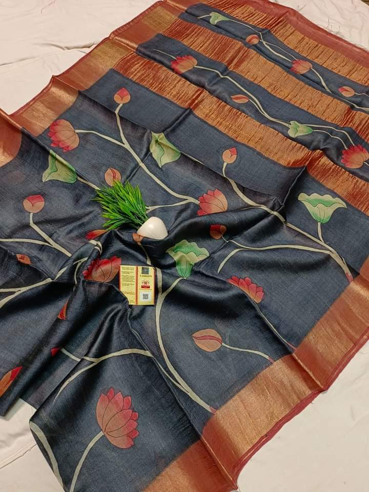Zari Tussar hand printed Kalamkari saree