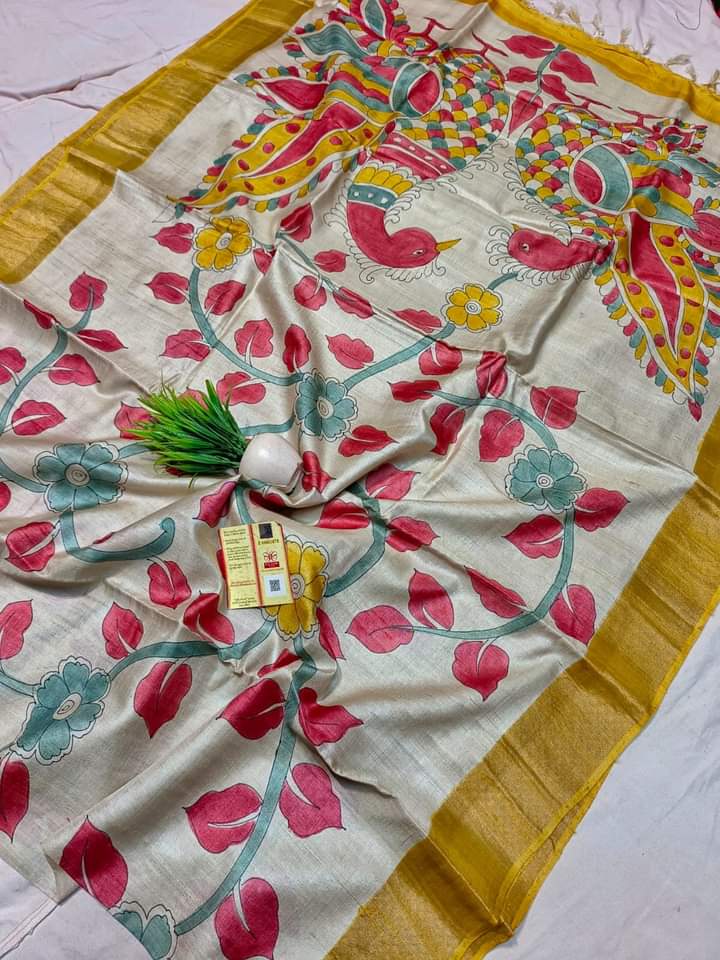Zari Tussar hand printed Kalamkari saree
