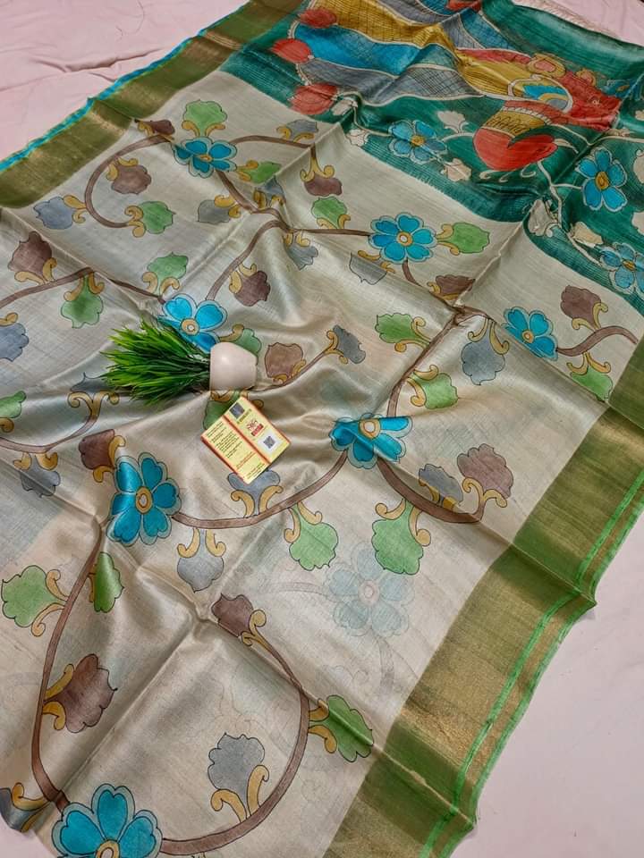 Zari Tussar hand printed Kalamkari saree