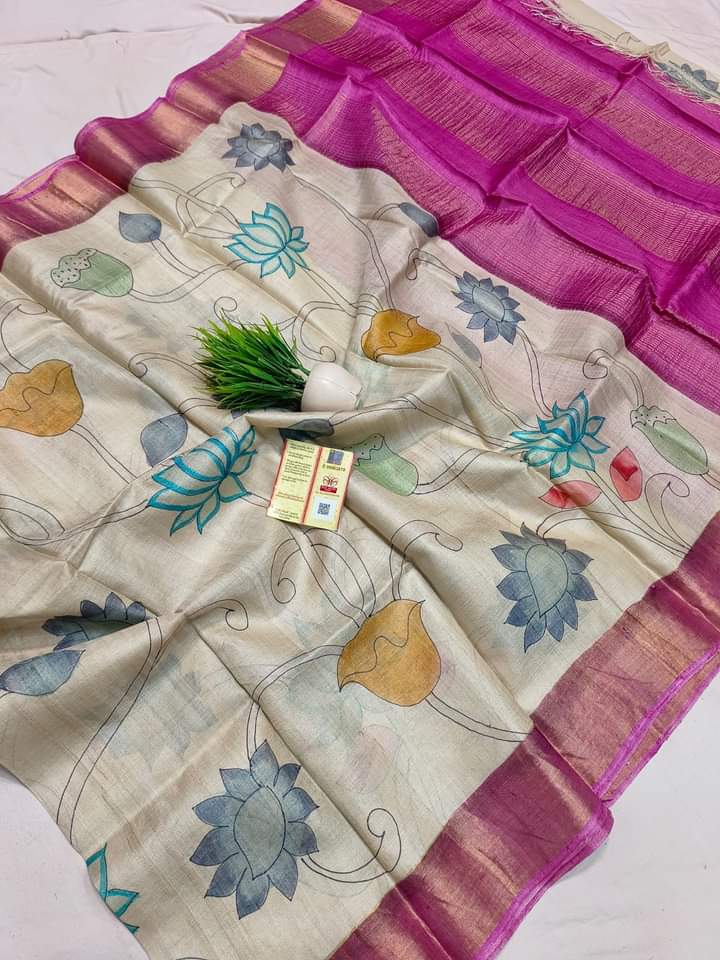 Zari Tussar hand printed Kalamkari saree