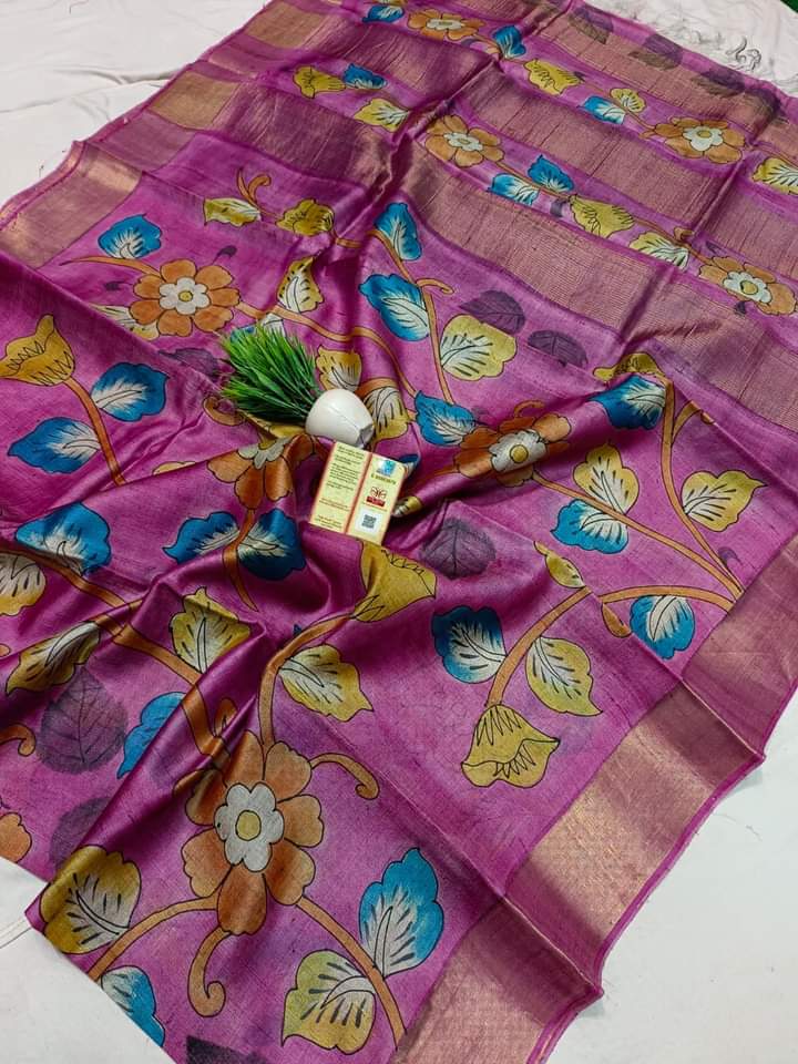 Zari Tussar hand printed Kalamkari saree