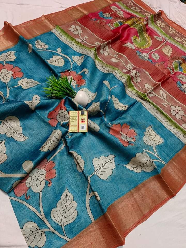 Zari Tussar hand printed Kalamkari saree