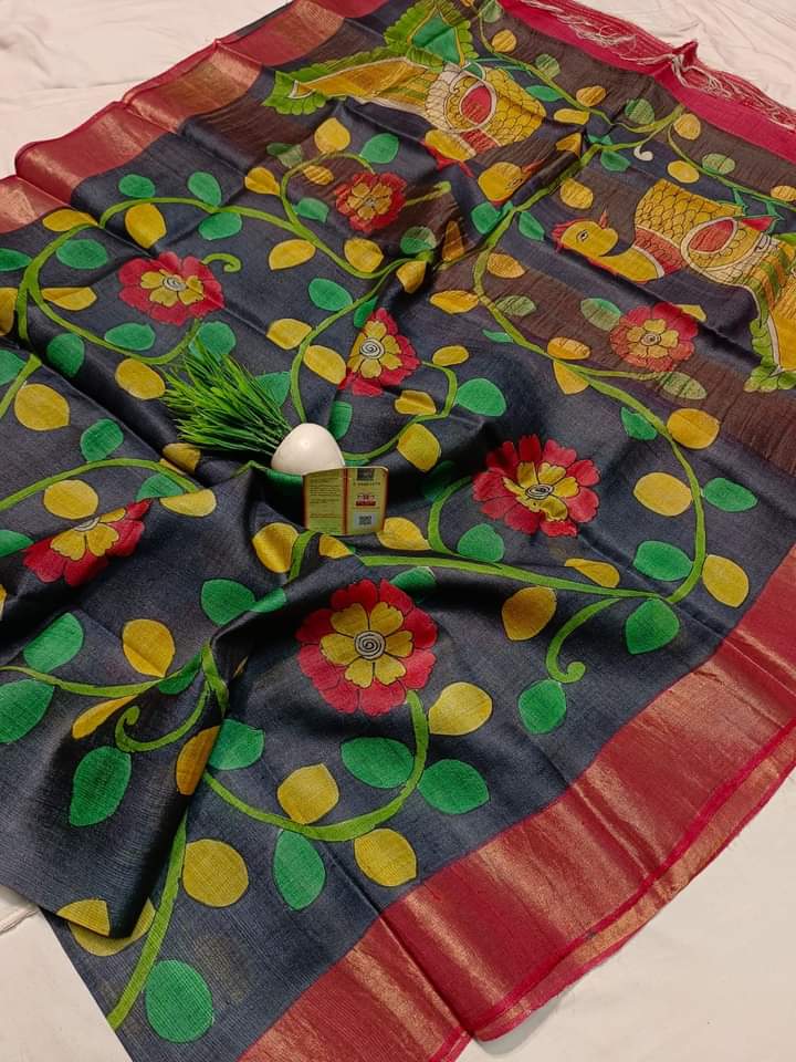 Zari Tussar hand printed Kalamkari saree