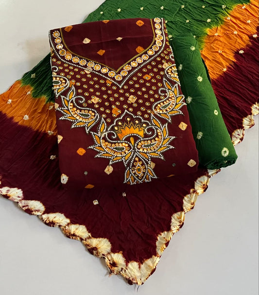 Bandhani cotton suit pieces with khatli neck work