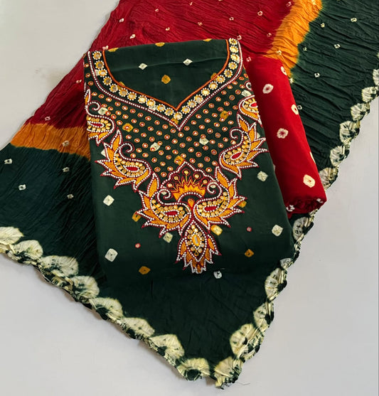 Bandhani cotton suit pieces with khatli neck work