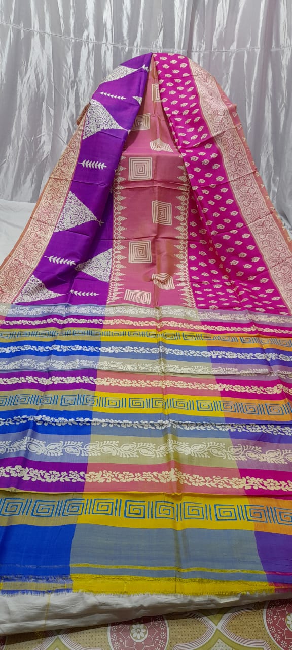 Bishnupuri katan silk block printed saree