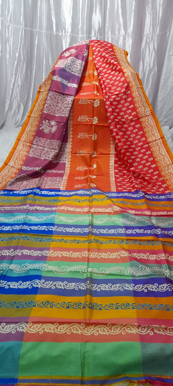 Bishnupuri katan silk block printed saree
