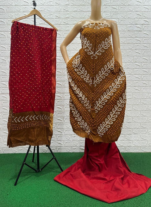 Heavy Satin Barik Ambadaar Bandhej Suit pieces