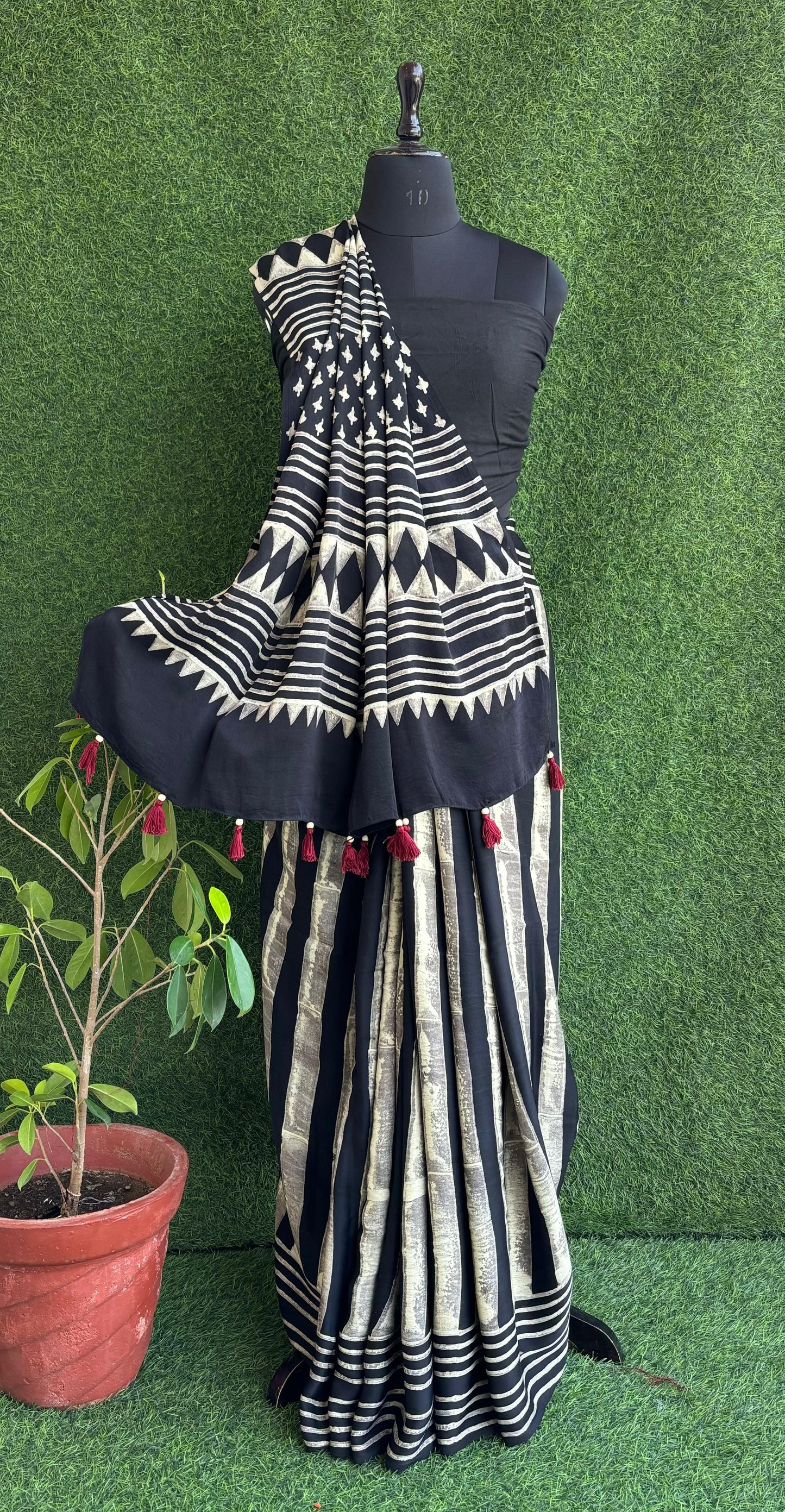 Hand block Ajrakh printed modal satin sarees