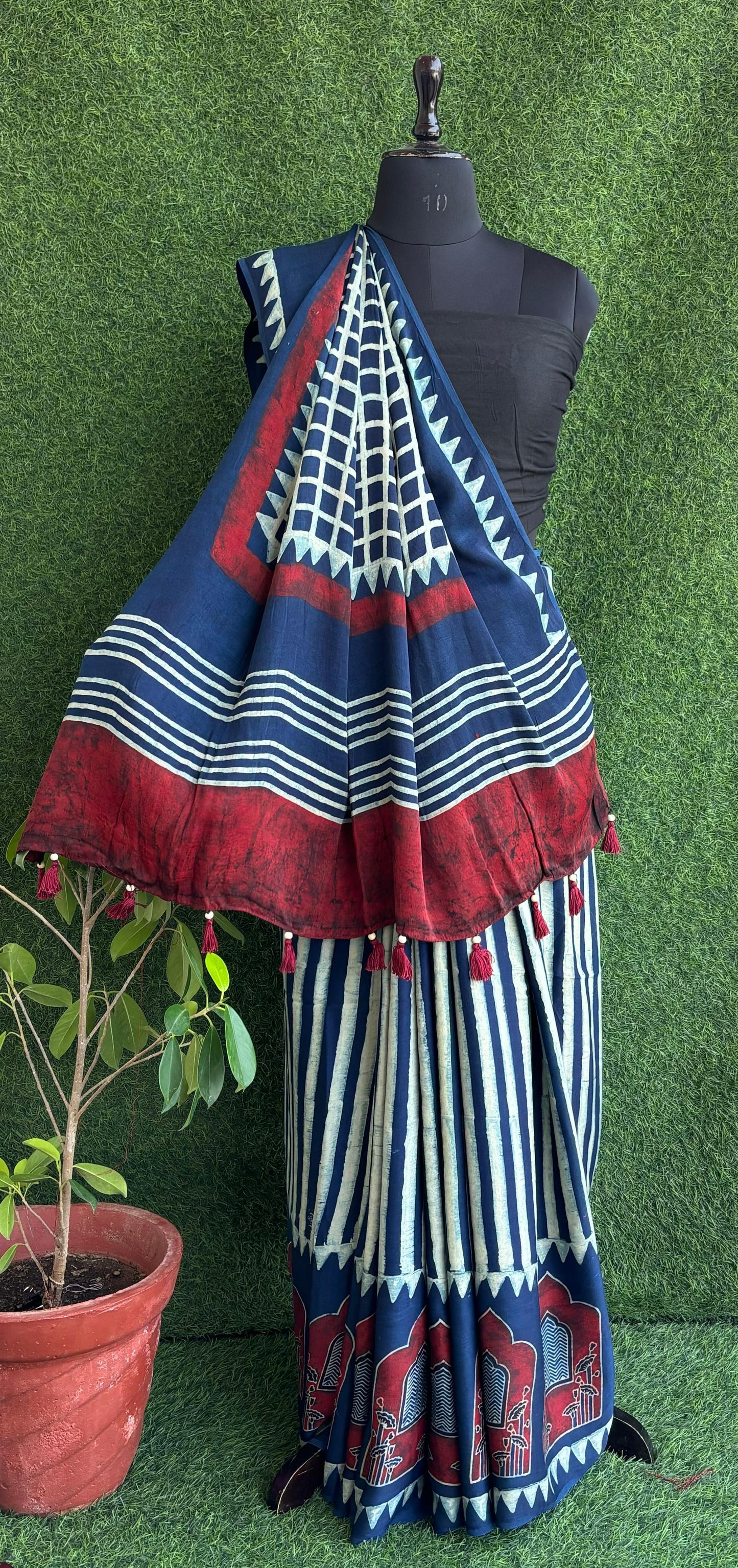 Hand block Ajrakh printed modal satin sarees