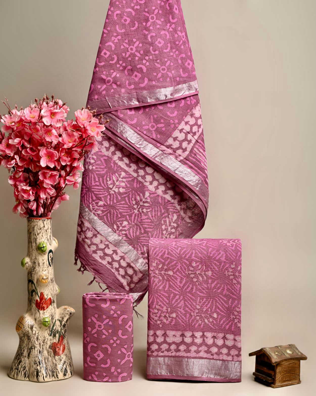 Bagru Hand Block Printed Linen Suits With Silver Border