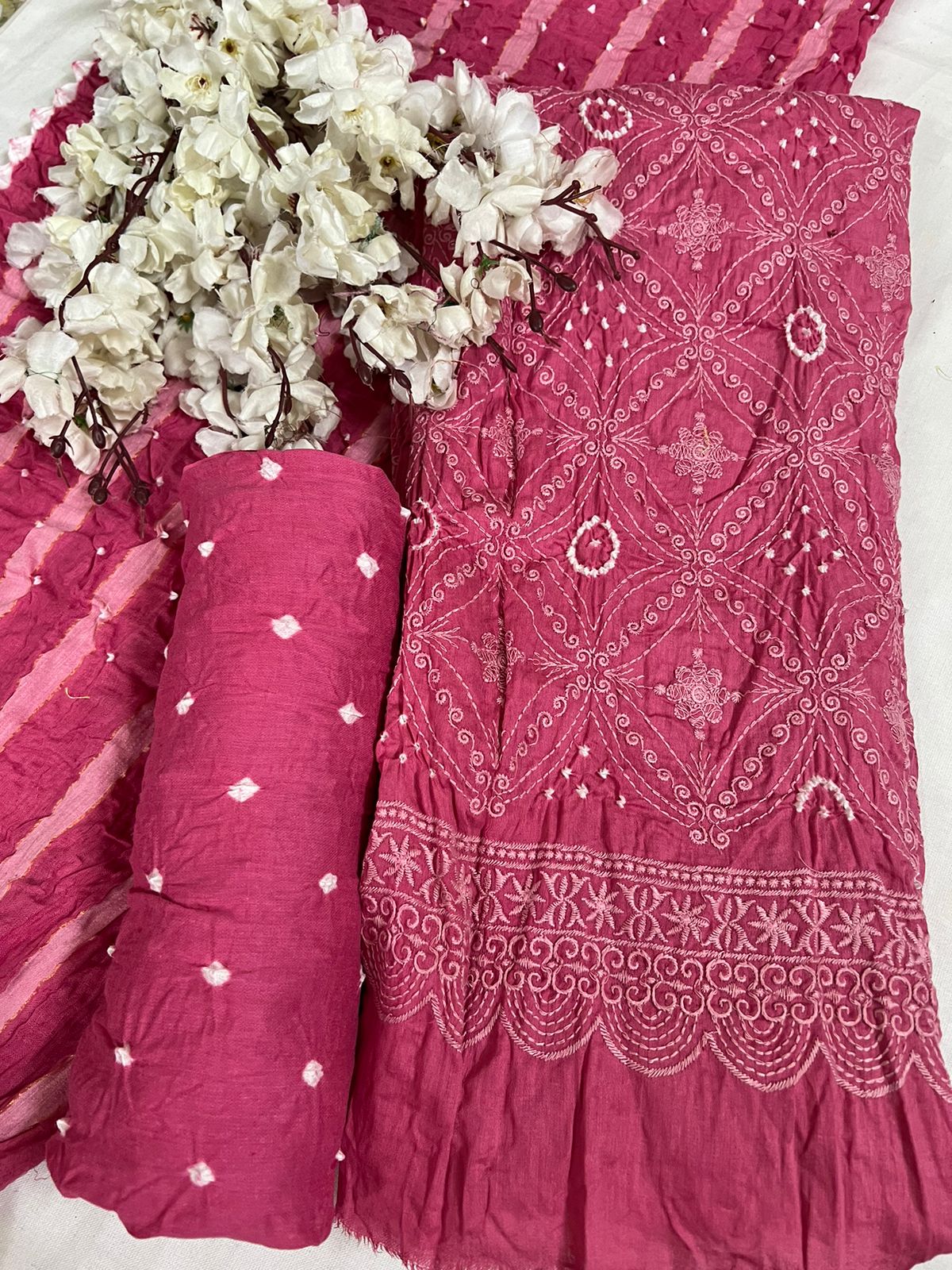 Lucknowi work cotton satin dress materials