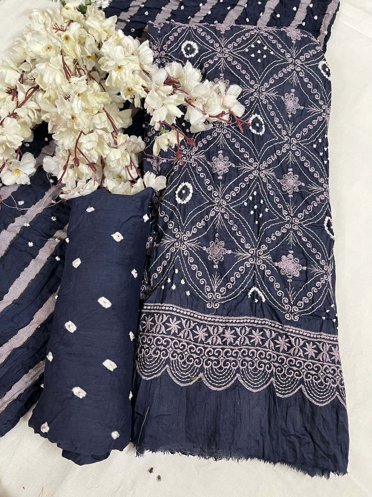 Lucknowi work cotton satin dress materials