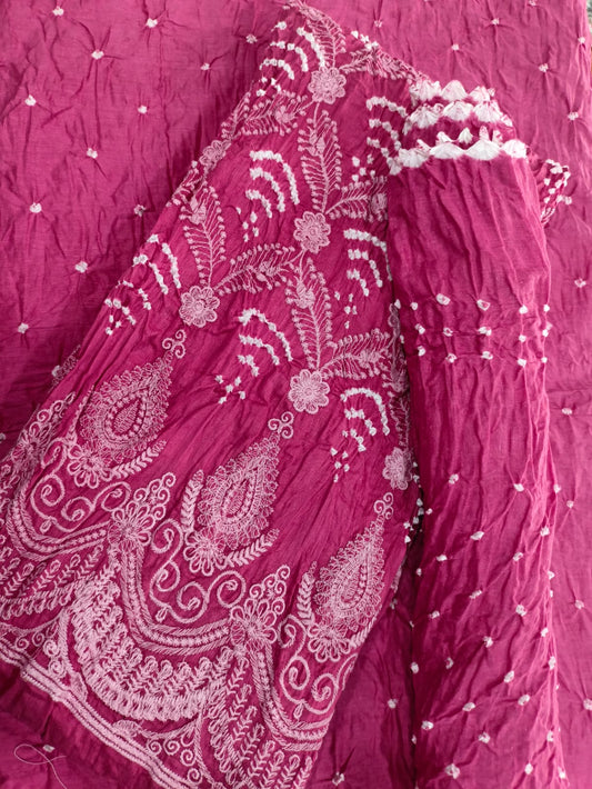 Lucknowi worked cotton satin bandhej suit