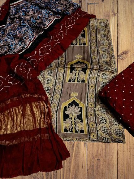 Ajrakh with Bandhej Handblock Printed Modal Silk 3 Piece Suit