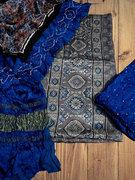 Ajrakh with Bandhej Handblock Printed Modal Silk 3 Piece Suit