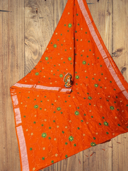 Embroidered Bhagalpuri cotton linen saree