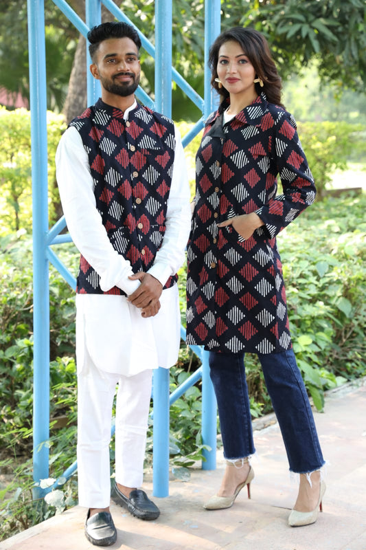 Couple's Bagru Hand Block Printed Double Layer Winter Jackets (Size 38-46 available)