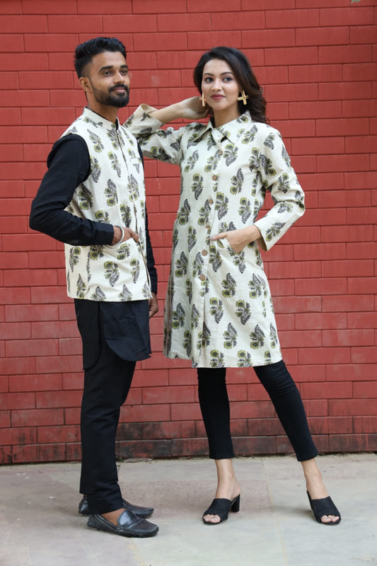 Couple's Bagru Hand Block Printed Double Layer Winter Jackets (Size 38-46 available)