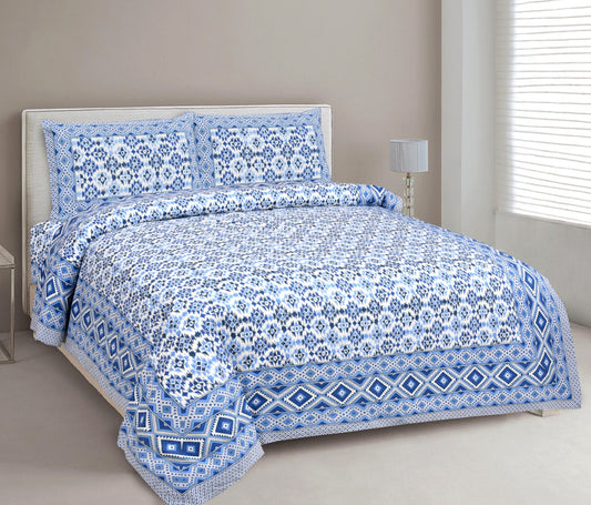 Blue Jaipuri Bagru Hand Block Printed Double Bedsheets with stitched pillow cover
